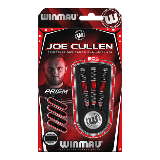 Winmau Joe Cullen Rockstar Series RS1 steel darts Die Verpackung zeigt die "Winmau Joe Cullen Rockstar Series RS1 Steeldarts". Im Inneren sind drei schwarz-rote Steeldarts zu sehen, die von Profispieler Joe Cullen entworfen wurden.