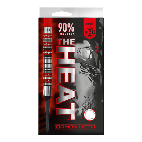 Harrow's Damon Heta Series 3 soft darts Die Abbildung zeigt die Verpackung der "Harrows Damon Heta Series 3 Softdarts". Auf der Verpackung stehen "90% Tungsten" und ein Porträt von Damon Heta im Hintergrund.