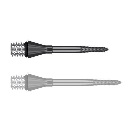 380160_Target_Titanium_Swiss_Point_Nano_Conversion_Points_Schwarz_26mm_1sPIRzikQ81TQh Das Bild zeigt zwei schwarze, spitze Metallaufsätze mit einem Schraubgewinde am breiten Ende. Sie liegen parallel nebeneinander auf weißem Hintergrund.