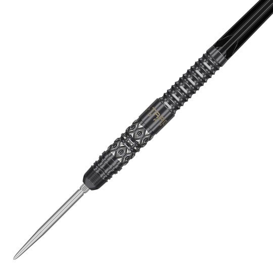 Target Japan Black Marque Creed Swiss Point Steeldarts - 23g sind dargestellt. Sie zeichnen sich durch ihre schwarze Optik und das praktische Wechselspitzen-System aus.