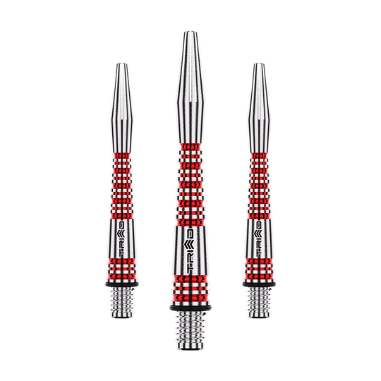 Winmau Triad RX Aluminium Shafts - Rot Das Bild zeigt drei rote und silberne Aluminium-Schäfte für Dartpfeile. Sie sind mit dem Schriftzug "TRIAD" bedruckt und gleichmäßig angeordnet.