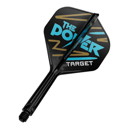 Das Bild zeigt einen Dartpfeil mit schwarzem Flight und blauer sowie goldener Aufschrift. Auf dem Flight steht "THE POWER TARGET" in auffälligen Buchstaben.