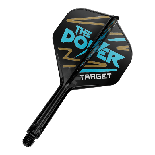 Target K-Flex Phil Taylor No2 Standard Flight Shaft System Das Bild zeigt einen Dartpfeil mit schwarzem Flight und blauer sowie goldener Aufschrift. Auf dem Flight steht "THE POWER TARGET" in auffälligen Buchstaben.