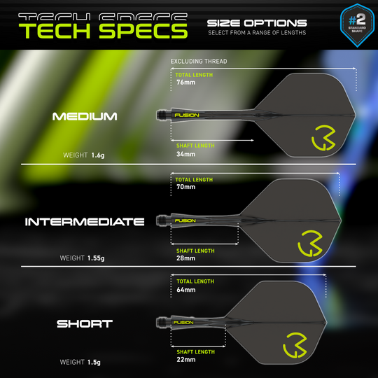 Das Bild zeigt die technischen Spezifikationen des Winmau Fusion Flight-Shaft-Systems Michael Van Gerwen Pacman No2 Standard. Es werden drei Größenoptionen (Medium, Intermediate, Short) mit ihren jeweiligen Längen und Gewichten dargestellt.