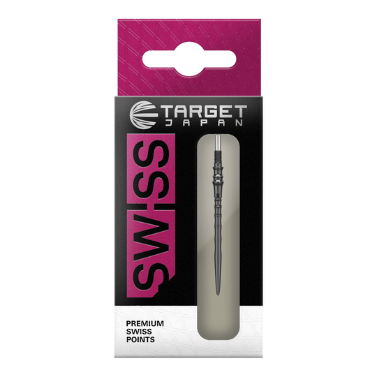 Target Japan Premium Swiss Point Steel Dart Tips - Black Das Bild zeigt die Target Japan Premium Swiss Point Steldartspitzen - Schwarz. Es handelt sich um hochwertige Steeldartspitzen für präzises Dartspiel.