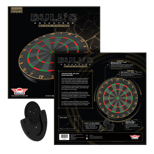 Das Bild zeigt das Bulls NL Advantage Black-Edition Steeldartboard. Dies ist eine schwarze Dartscheibe für Steeldart-Spiele.