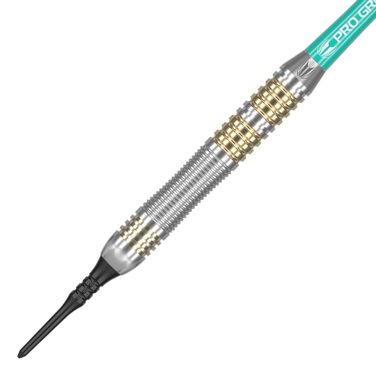 Target Rob Cross Brass Soft Darts - 18g Das Bild zeigt einen Target Rob Cross Brass Softdart mit einem Gewicht von 18 Gramm. Der Dartpfeil hat ein silbernes und goldenes Rillen-Design sowie eine schwarze Kunststoffspitze.