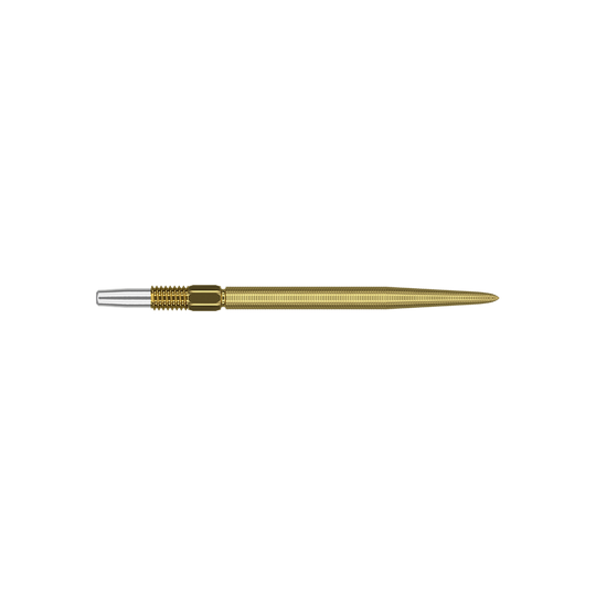 Target Swiss Point Nano Dart Tips - Gold Dies ist eine goldfarbene Dartspitze mit feiner Riffelung. Sie hat am Ende ein silbernes Verbindungsstück.