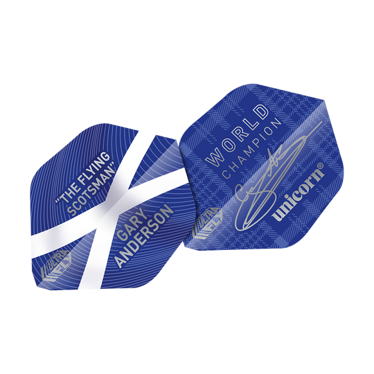 Das Bild zeigt die blauen Dart-Flights "Unicorn Ultra Fly 75 Gary Anderson World Champion AR1". Auf den Flights stehen die Aufschriften "THE FLYING SCOTSMAN", "GARY ANDERSON" und "WORLD CHAMPION" sowie das Unicorn-Logo.