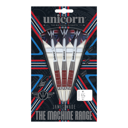 Unicorn The Machine James Wade 90% steel darts Das Bild zeigt eine Verpackung mit drei Steeldarts der Marke "Unicorn" aus der "James Wade The Machine Range". Die Darts bestehen zu 90% aus Tungsten und haben rote und silberne Akzente.