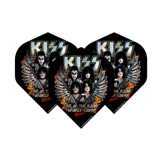Das Bild zeigt drei Standard-Flights für Dartpfeile mit dem Motiv der Band KISS und dem Schriftzug "End of the Road World Tour". Auf den Flights sind die Bandmitglieder mit ihrem typischen Make-up und Flügeln abgebildet.