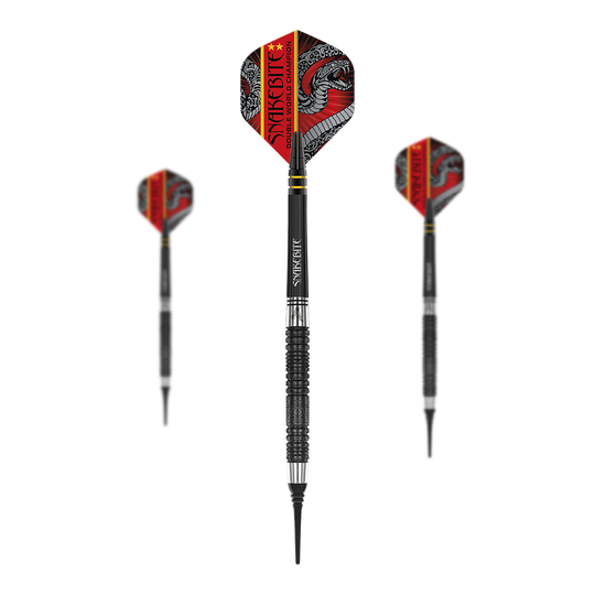 Das Bild zeigt drei schwarze Softdarts mit dem Namen "Red Dragon Peter Wright Double World Champion SE Black - 20g". Die Flights sind rot-schwarz gestaltet und tragen den Schriftzug "Snakebite Double World Champion".