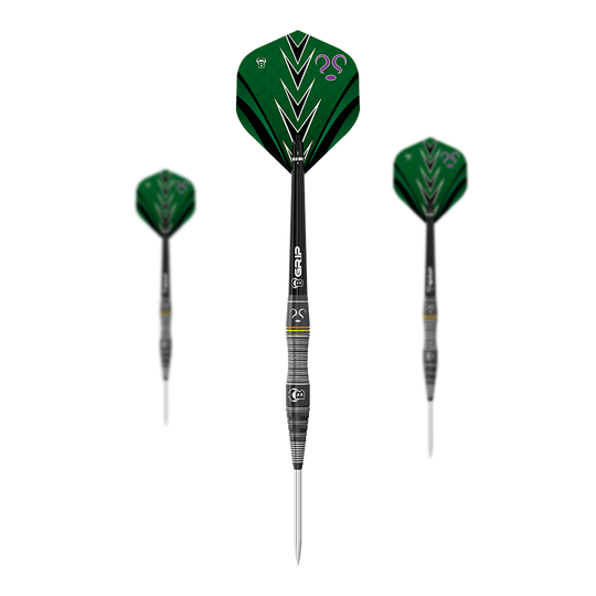 Bulls Brian Raman The Riddler Steeldarts Auf dem Bild sind drei Steeldarts des Modells "Bulls Brian Raman The Riddler" zu sehen. Die Flights sind vorwiegend grün mit schwarzen und weißen Akzenten sowie einem lilafarbenen Fragezeichen.