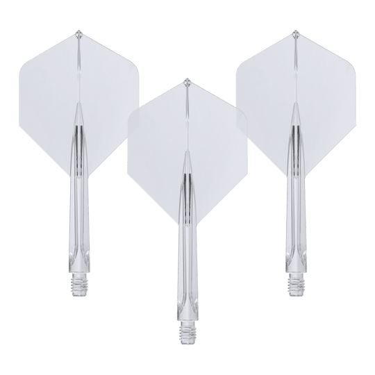 Das Bild zeigt drei klare, mittellange Unicorn Forge All In One Plus No2 Standard Flights. Sie sind durchsichtig und haben eine integrierte Flight- und Schaft-Konstruktion.