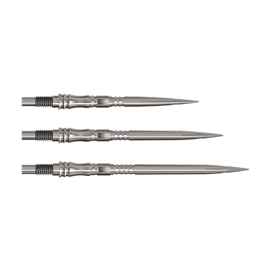 Harrows Quick Point Apex Axis Elite Series Dartspitzen - Silber Dartspitzen der Serie Apex Axis Silver Elite sind abgebildet. Sie sind silberfarben und filigran gearbeitet.