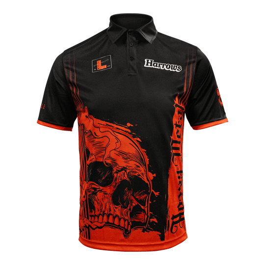 Das Bild zeigt das Harrows Ryan Searle Heavy Metal Playershirt. Es ist ein spezielles Dartshirt, das für Spieler entworfen wurde.