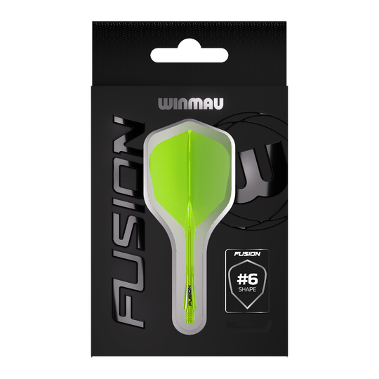 Auf dem Bild ist eine Packung Winmau Fusion Flight Shaft System in Neon-Gelb zu sehen. In der Mitte der Verpackung befindet sich ein Flightsystem in Form #6.