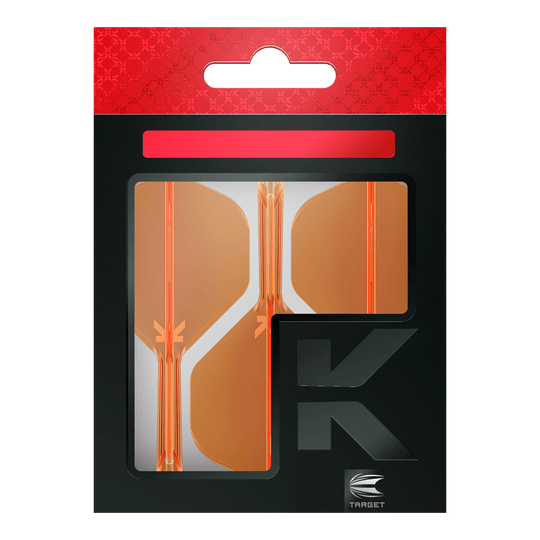 Target K-Flex No2 Standard Flight System - Neon Orange Die Abbildung zeigt eine Packung mit orangenen Dart-Flights der Marke Target. Die Verpackung ist überwiegend schwarz mit einem roten oberen Abschnitt.
