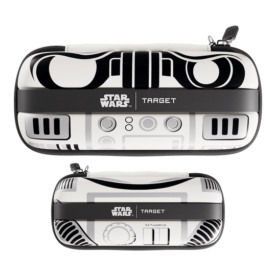 Hier ist das Target Star Wars Boa Dartcase mit Stormtrooper Design zu sehen. Die Darttasche eignet sich ideal für den Transport von Darts und Zubehör.