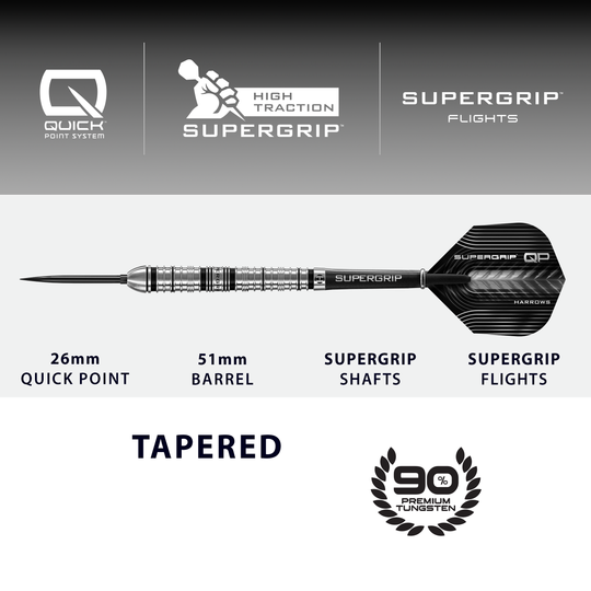 Harrows Supergrip Tapered Quick Point Steel Darts Abgebildet sind die Harrows Supergrip QP Tapered Quick Point Steeldarts. Sie eignen sich ideal für ein präzises Dartspiel.
