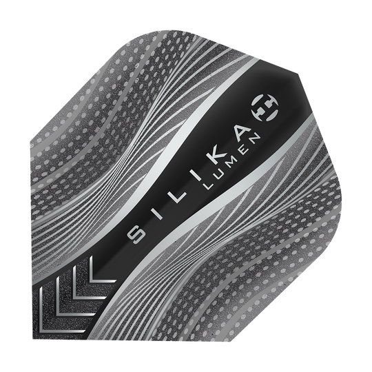Das Bild zeigt das Produkt "Harrows Silika Lumen Black No6 Flights". Das Flight hat ein modernes, schwarz-graues Design mit dynamischen Linien und Punkten.
