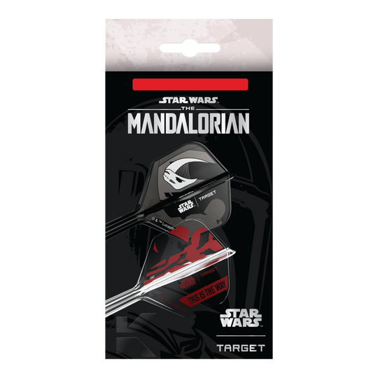 Das Bild zeigt das Target Star Wars K-Flex-Set Mandalorian No6 Flights. Das Produkt ist ein Dart-Set mit Mandalorian-Design aus der Star Wars Reihe.