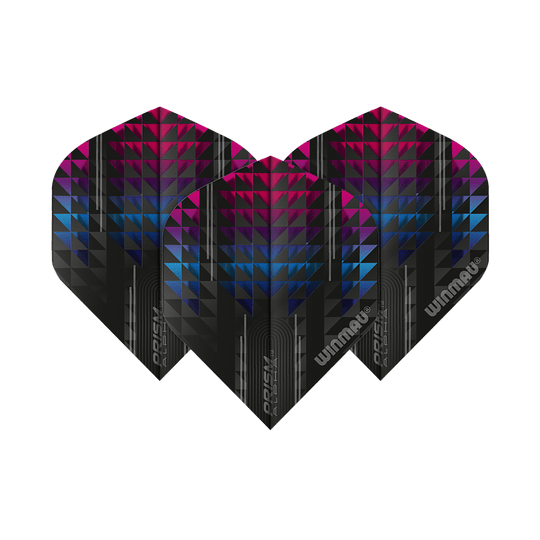 6915-115_Winmua_Prism_Alpha_6915-115_Standard_Flights_1K3smV0njOUW0W Das Bild zeigt drei Winmau Prism Alpha 6915.115 Standard Flights für Dartpfeile. Die Flights haben ein modernes Design mit schwarzen, blauen und pinken geometrischen Mustern.