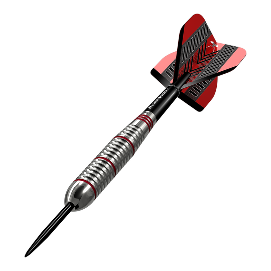 Mission Rogue Brass Steel Darts - 22g Das Bild zeigt einen Mission Rogue Brass Steeldart mit einem Gewicht von 22g. Der Dartpfeil hat ein silbernes Griffstück mit roten Akzenten und rote Flights.