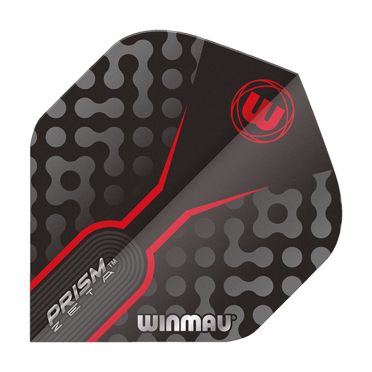 Das Bild zeigt das Produkt "Winmau Prism Zeta GreyRed Standard Flights". Das Flight ist in den Farben Grau, Rot und Schwarz mit modernen Mustern gestaltet.