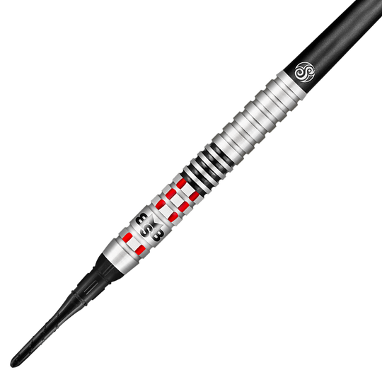 Shot Michael Smith Achieve Soft Darts Das Bild zeigt einen Shot Michael Smith Achieve Softdart. Der Dartpfeil ist silberfarben mit roten und schwarzen Akzenten und hat eine strukturierte Griffzone.
