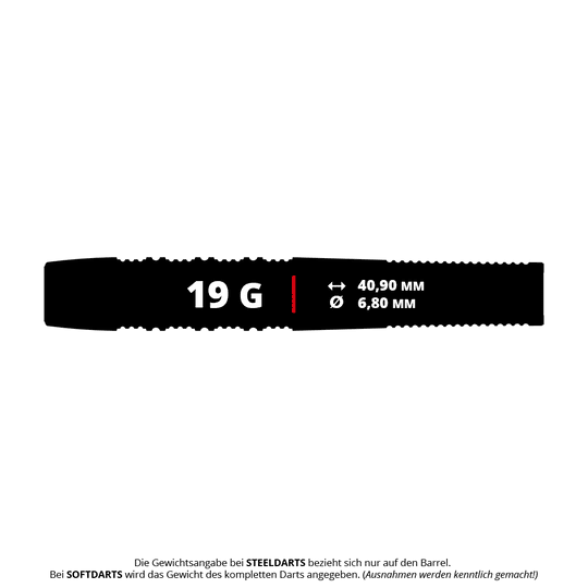 Target Stephen Bunting 95K Soft Darts - 19g Das Bild zeigt die Produktdaten der Target Stephen Bunting 95K Softdarts mit einem Gewicht von 19 Gramm. Die Länge beträgt 40,90 mm und der Durchmesser 6,80 mm.