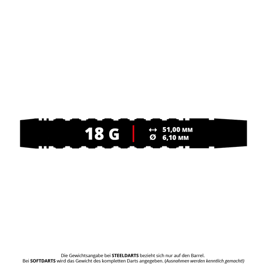 Harrow's Luke Woodhouse Series 2 Soft Darts - 18g Das Bild zeigt die Maße und das Gewicht des Produkts "Harrows Luke Woodhouse Series 2 Softdarts - 18g". Der Softdart wiegt 18 Gramm, ist 51,00 mm lang und hat einen Durchmesser von 6,10 mm.