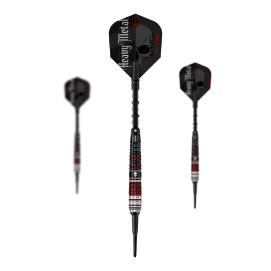 Harrow's Ryan Searle Heavy Metal Series 2 soft darts Das Bild zeigt drei Softdarts der Serie "Harrows Ryan Searle Heavy Metal Series 2". Die Darts haben ein schwarzes Design mit roten und silbernen Akzenten sowie einen Schädel auf dem Schaft.
