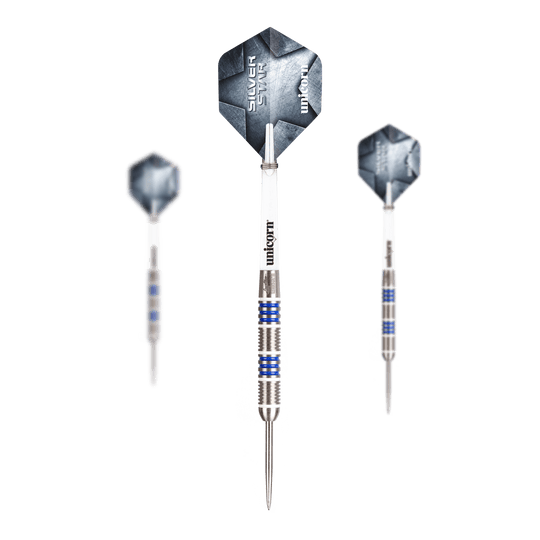 Unicorn Silver Star Var.4 Gary Anderson steel darts Abgebildet ist ein Set Unicorn Silver Star Var.4 Gary Anderson Steeldarts. Das Set besteht aus mehreren silbernen Darts mit Flights.