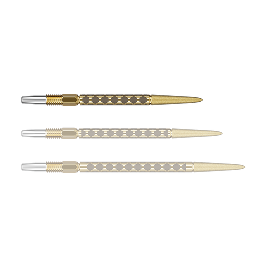 Target Swiss FLT Point Dart Tips - Gold Eine kurze goldene Dartspitze wird einzeln dargestellt. Sie liegt quer auf hellem Hintergrund.