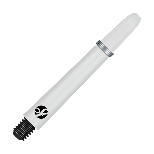 Shot Koi Carbon Shafts - White Das Bild zeigt einen weißen Carbon-Schaft mit einem schwarzen Gewinde und silbernem Ring. Auf dem Schaft ist ein schwarzes Logo zu sehen.