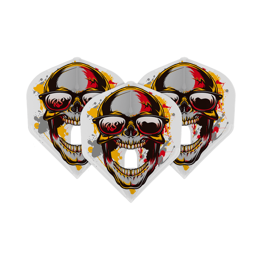 L-Style Marijanovic V1 L1PRO Standard Flights Das Bild zeigt drei L-Style Marijanovic V1 L1PRO Standard Flights. Auf jedem Flight ist ein auffälliger Totenkopf mit Sonnenbrille und bunten Farbeffekten abgebildet.