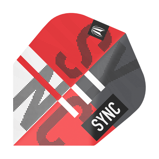 Das Bild zeigt das Produkt "Target ProUltra Sync No6 Flights". Das Design ist überwiegend rot, grau und weiß mit dem Wort "SYNC" darauf.
