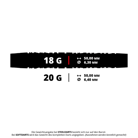Harrow's Damon Heta Series 3 soft darts Das Bild zeigt zwei verschiedene Dartspezifikationen mit den Gewichten 18 g und 20 g. Die Länge beträgt jeweils 50,00 mm, der Durchmesser ist 6,30 mm bei 18 g und 6,40 mm bei 20 g.