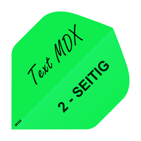 MD-403_2-Seitig_Bedruckte_Flights_Wunschtext_MDX_Gr-n_Standard_1 Das Bild zeigt einen grünen Dart-Flight mit schwarzem Aufdruck. Auf dem Flight steht "Text MDX" und "2-SEITIG".