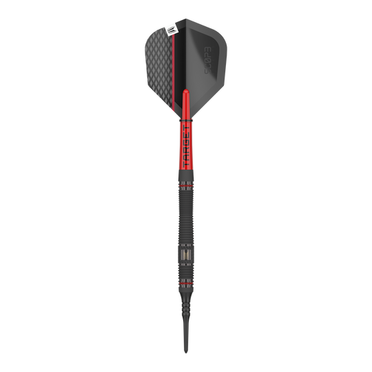 Target Scope 11 Soft Darts Das Bild zeigt einen Softdart namens "Target Scope 11 Softdarts". Der Dart ist schwarz und rot mit einem modernen Design und einer strukturierten Oberfläche.