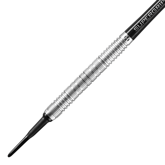 Harrows Control Parallel Softdarts Das Bild zeigt einen Harrows Control Parallel Softdart mit einem silbernen, gerillten Barrel. Der Dart hat eine schwarze Kunststoffspitze und einen Schaft mit der Aufschrift "Supergrip".