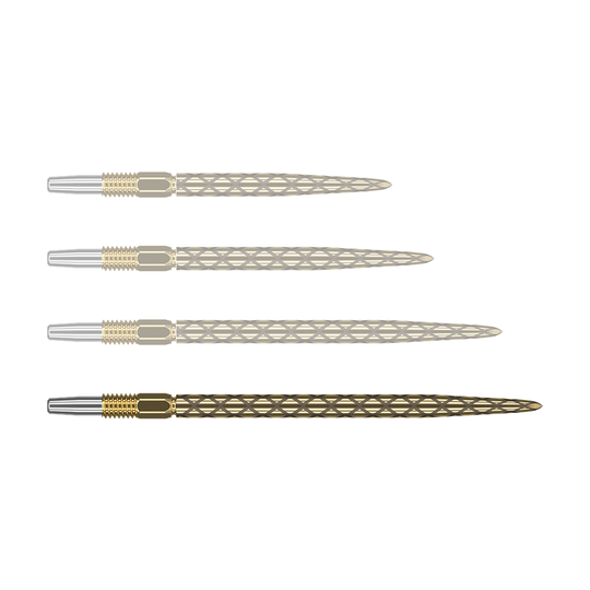 Target Swiss Diamond Pro Gold dart tips Das Bild zeigt vier goldfarbene Dartspitzen mit einem rautenförmigen Muster. Die Spitzen liegen parallel nebeneinander auf einem grünen Hintergrund.