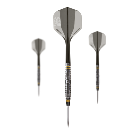 Ein Set aus Steeldartpfeilen in schlanker Ausführung liegt auf weißem Hintergrund. Die Pfeile sind gleichmäßig angeordnet.