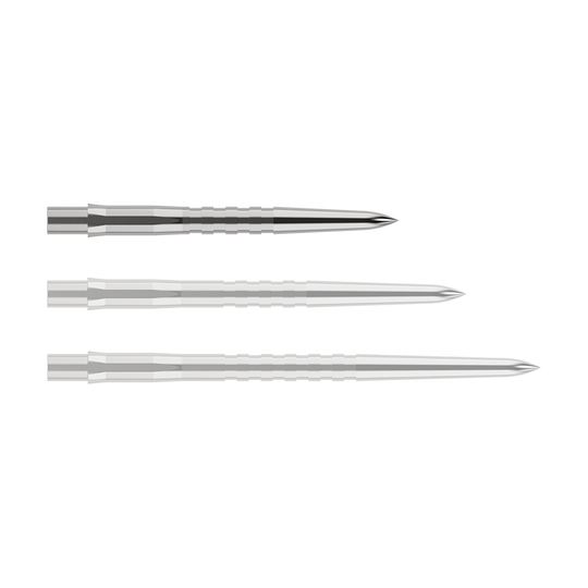 Mission Caliburn EVO Dart Tips - Grooved - Silver Das Bild zeigt drei silberne, gerillte Spitzen für Steeldarts in unterschiedlichen Längen. Sie sind nebeneinander auf einem weißen Hintergrund angeordnet.