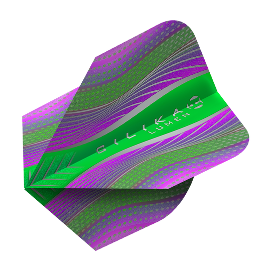 Dies ist ein Harrows Silika Lumen Purple Green No6 Flight. Das Flight ist grün und lila mit wellenförmigem, modernem Design.