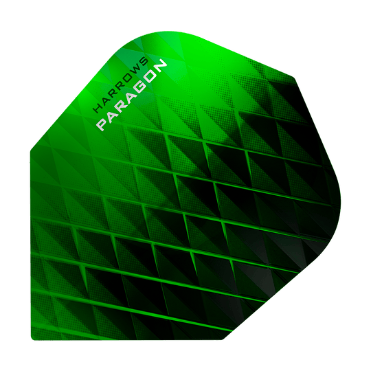 Dies ist ein Harrows Paragon Green No2 Standard Flight. Er hat ein grünes, geometrisches Muster mit schwarzem Akzent.