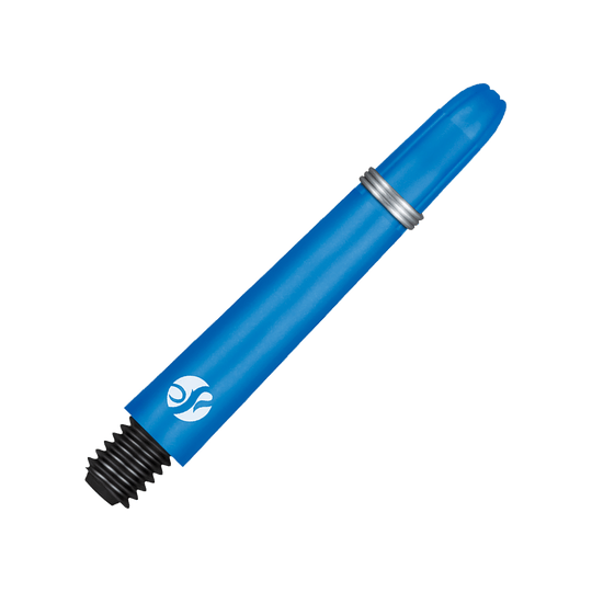 Shot Koi Carbon Shafts - Blue Das Bild zeigt einen blauen Carbon-Schaft mit einem silbernen Ring und schwarzem Gewinde. Es handelt sich um ein Zubehörteil für Darts.