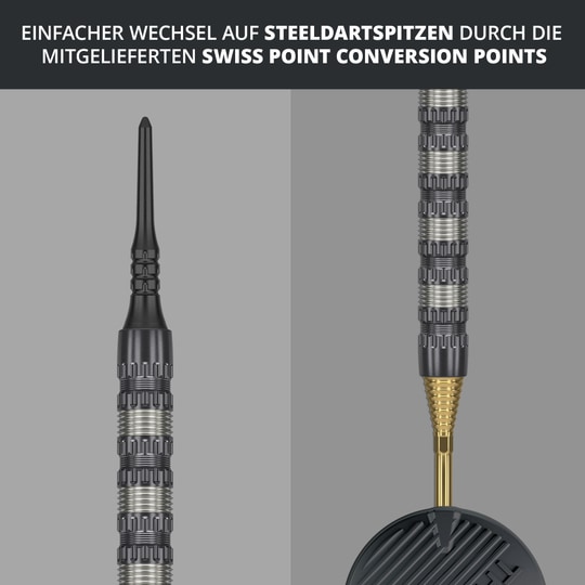 Target Rob Cross 95K Swiss Point Soft Darts - 18g Das Bild zeigt den Target Rob Cross 95K Swiss Point Softdart mit 18g Gewicht. Es wird darauf hingewiesen, dass ein einfacher Wechsel auf Steeldartspitzen durch die mitgelieferten Swiss Point Conversion Points möglich ist.