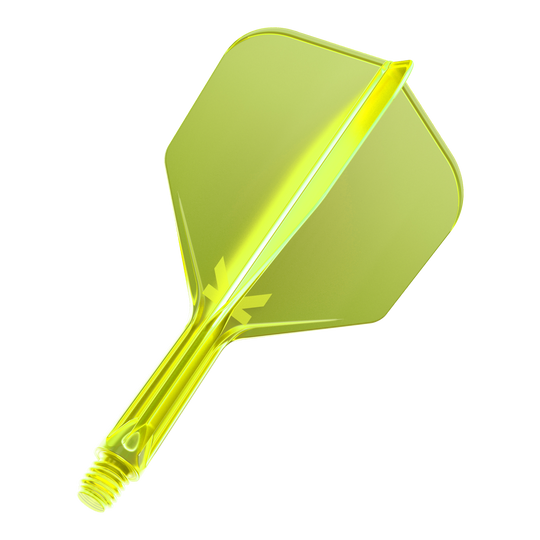 Target K-Flex No6 Flight System - Neon Yellow Das Bild zeigt einen neon-gelben Dartflug mit integriertem Schaft. Das Material wirkt durchsichtig und hat eine glänzende Oberfläche.